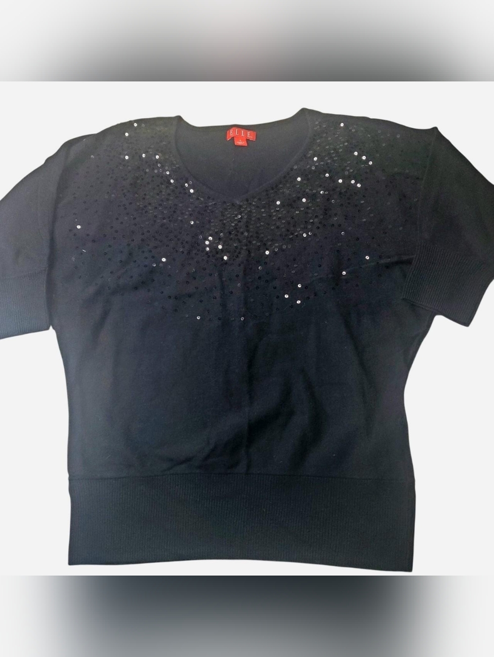 Vntg Y2K Elle Top Womens Small Black Sequin Blouse V-neck Stretch 3/4 Sleeves